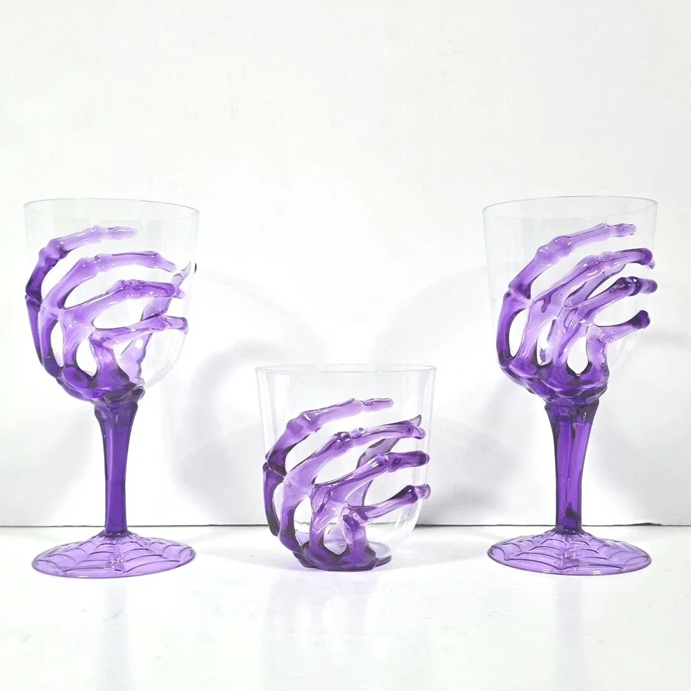 Set of 3 Halloween Skeleton Hand Goblet Purple Acrylic Wine Glass Party Drinking
